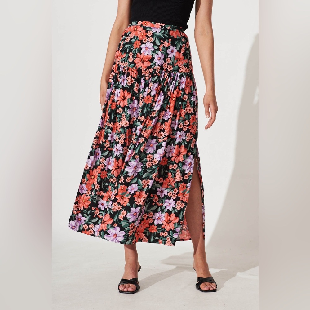 Anthropologie ATL Pleated Black/Pink/Purple Floral A-Line Maxi Skirt  Size M